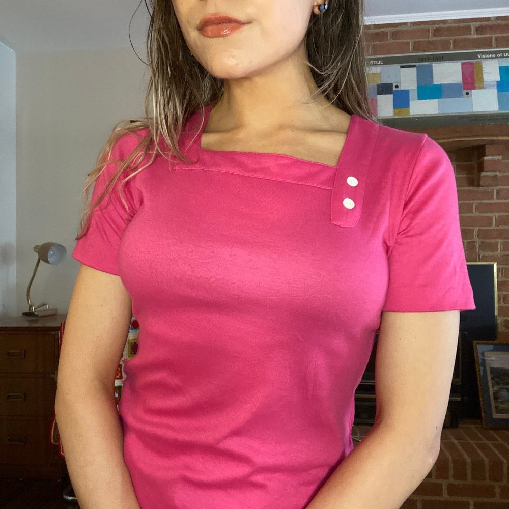 Vintage 60s Twiggy Peter Popovitch Square Neck Button Magenta Stretch Je…